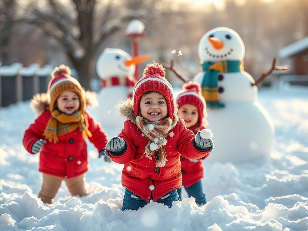 A lively Christmas mini session featuring toddlers joyfully playing in a snowy outdoor setting. The children are bundled up in colorful winter coats and scarves, throwing snowballs and laughing. In the background, a large snowman decorated with a carrot nose and a scarf stands proudly. The scene captures the excitement of childhood during the festive season, with fluffy snow covering the ground and the sun shining brightly, creating a playful and energetic atmosphere.
