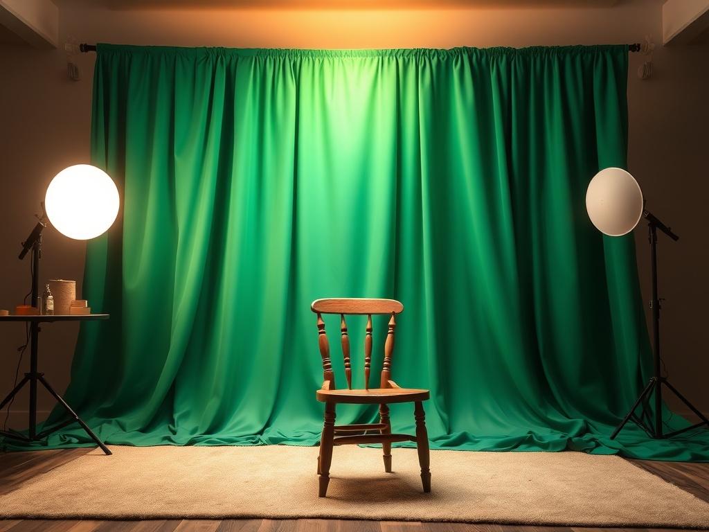 A stunning hyper-realistic close-up shot of a beautifully arranged studio backdrop featuring soft, warm lighting. The background includes elegant draping in rich, emerald green, creating a cozy yet vibrant atmosphere. A single prop, such as a vintage wooden chair, is placed in the foreground, inviting the viewer to imagine a portrait session. The lighting highlights the textures and colors, evoking a sense of warmth and love, perfect for family or newborn photography.