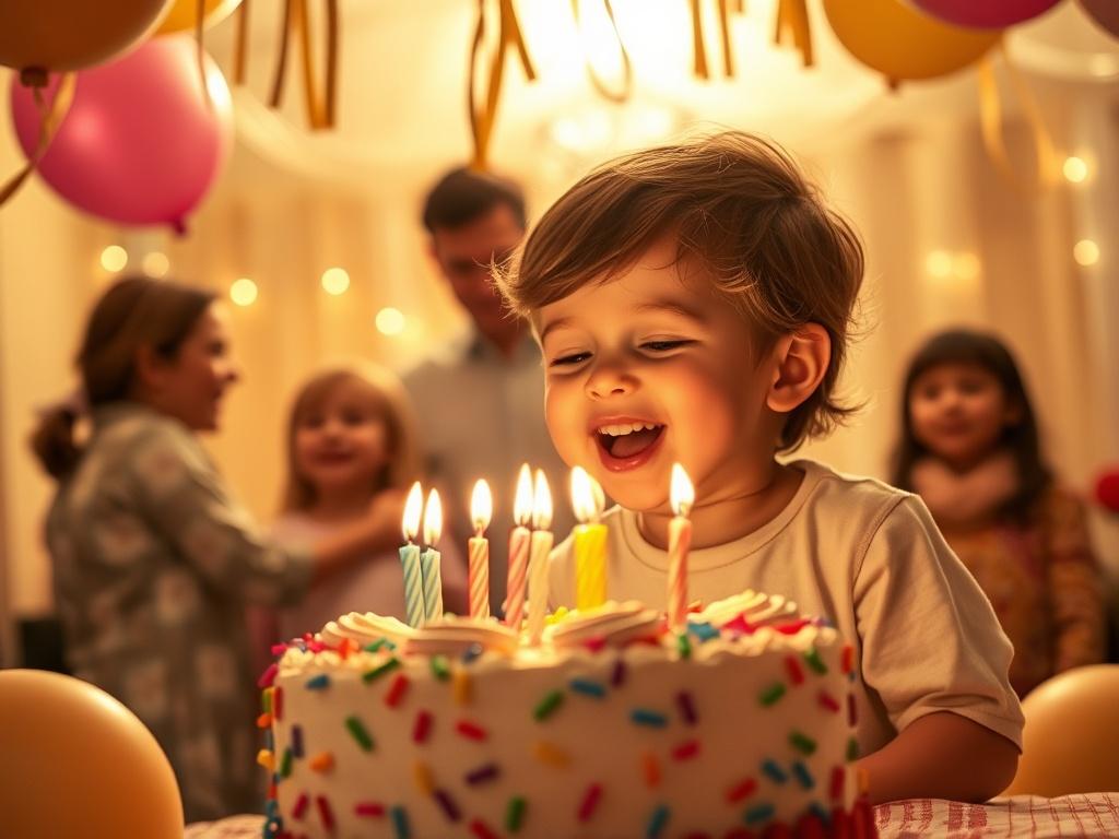 A cheerful child blowing out candles on a colorful birthday cake, surrounded by balloons and decorations. The scene captures the essence of joy and celebration, with soft golden lighting creating a warm atmosphere. The background includes festive elements like streamers and a happy gathering of family members in the distance. Focus on the child's delighted expression, making it the central subject of the image.