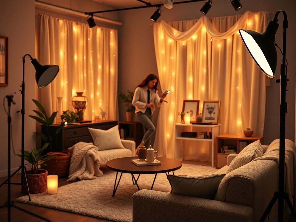 A beautifully lit photography studio showcasing a cozy ambiance. The image should capture the warm glow of soft, diffused lighting that highlights the elegant decor, including a plush backdrop, tasteful props, and decorations arranged neatly in the background. The scene should invite viewers into a serene setting that embodies the comfort and creativity found at Zara Glow Photography, with a simple and clear composition focusing on the studio's inviting atmosphere.