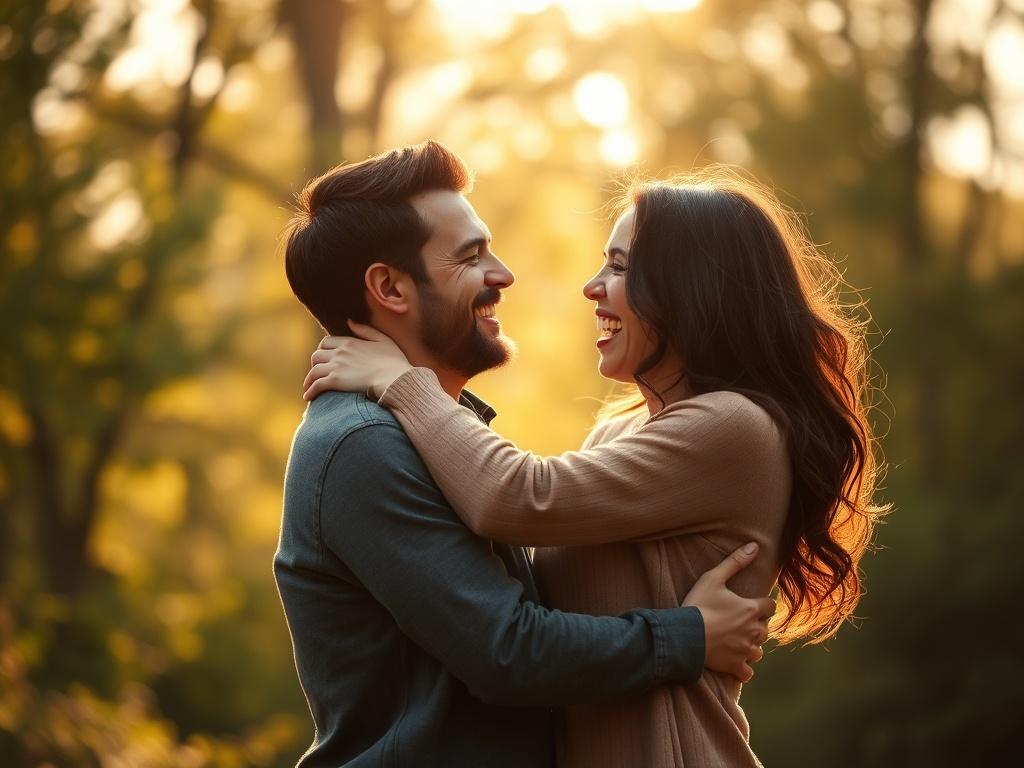 A couple joyfully embracing in a serene outdoor setting, surrounded by lush greenery and soft golden light. The scene captures their laughter and connection, with a warm, cozy atmosphere. The background features softly blurred trees and a hint of sunlight filtering through, creating a romantic and intimate mood.