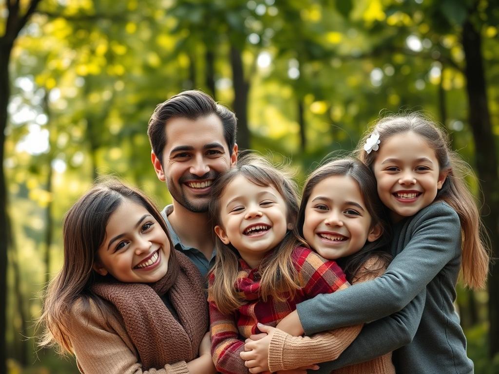 A close-up shot of a joyful family during an outdoor photography session. The family includes a mother, father, and two children, all smiling and embracing each other in a natural forest setting. The background features lush green trees and soft sunlight filtering through the leaves, creating a warm and inviting atmosphere. The focus is on the family's expressions, capturing their love and togetherness. This image should be rendered in high-resolution with a hyper-realistic style, shot with a 45mm f/1.2 len