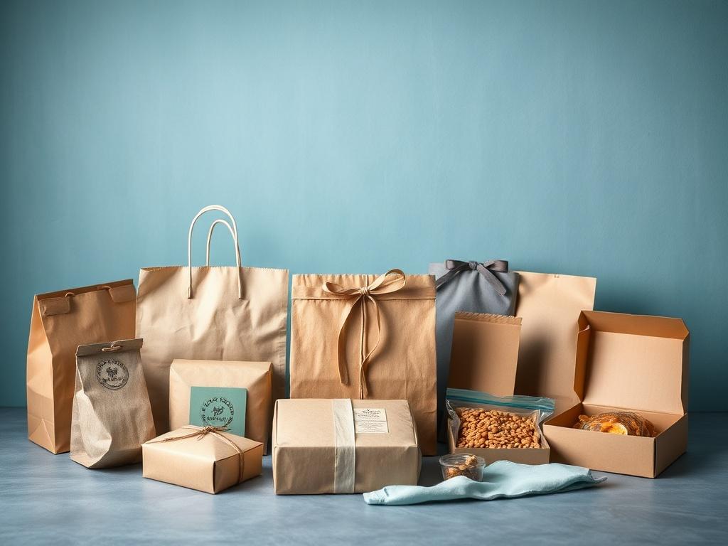 A realistic high-resolution photo of a variety of sustainable packaging solutions including paper bags, gift boxes, and snack boxes arranged neatly on a cool-toned background featuring shades of rich blues and soft grays. The composition should focus on a single, beautifully designed gift box in the center, surrounded by other packaging items, highlighting their textures and colors, with soft natural lighting enhancing the overall aesthetic.