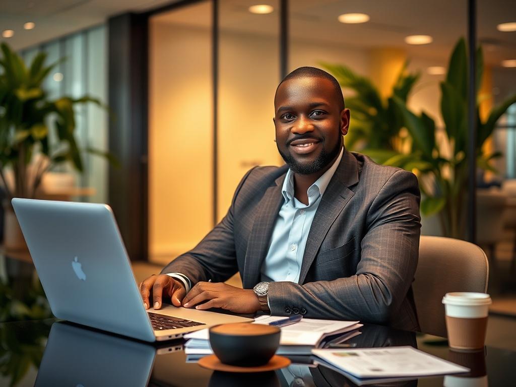 A professional portrait of Abbas Adamu Abdullahi, a business strategist and content writer, sitting at a sleek desk with a laptop open, surrounded by notes and a coffee cup. The background features a modern office environment with glass walls and greenery. The lighting is warm and inviting, focusing on the subject with a shallow depth of field.