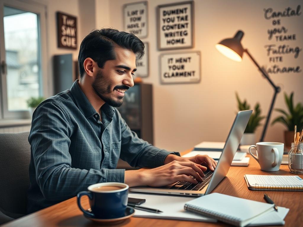 A professional content writer at work, typing energetically on a