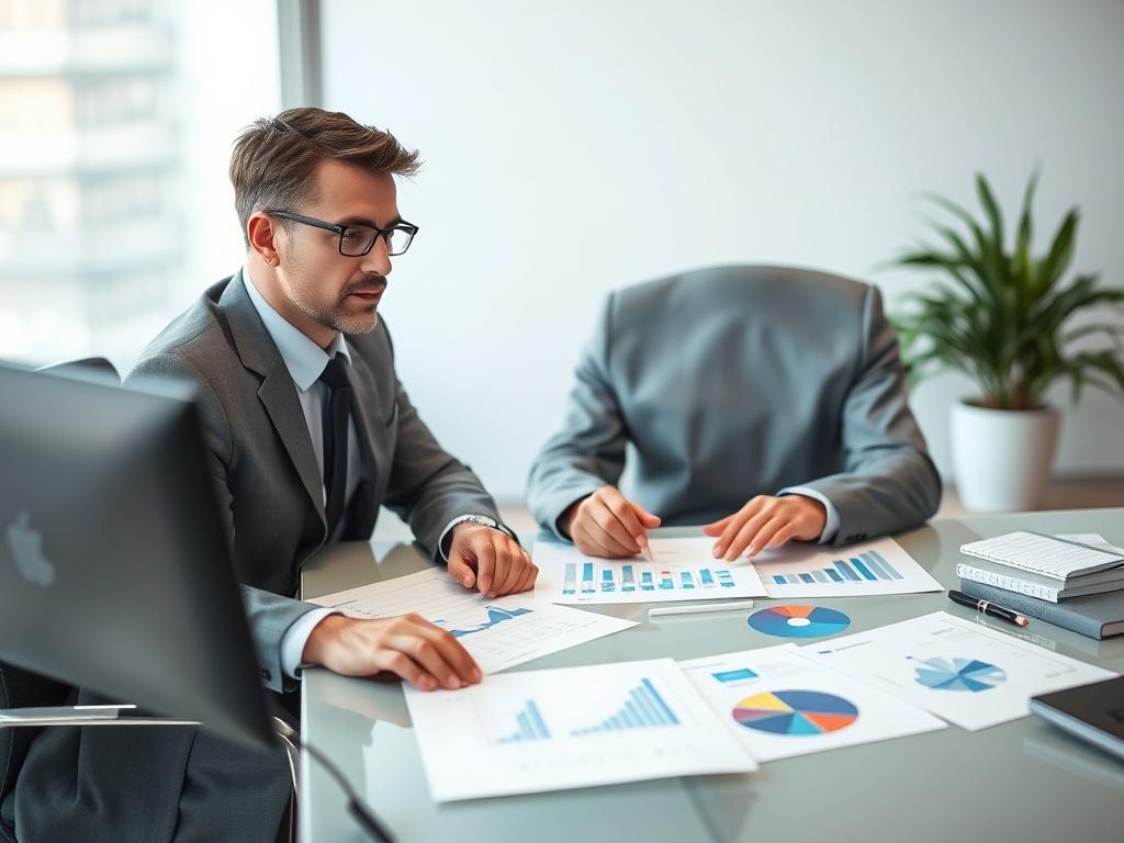A business consultant sitting at a modern, minimalist desk, engaged