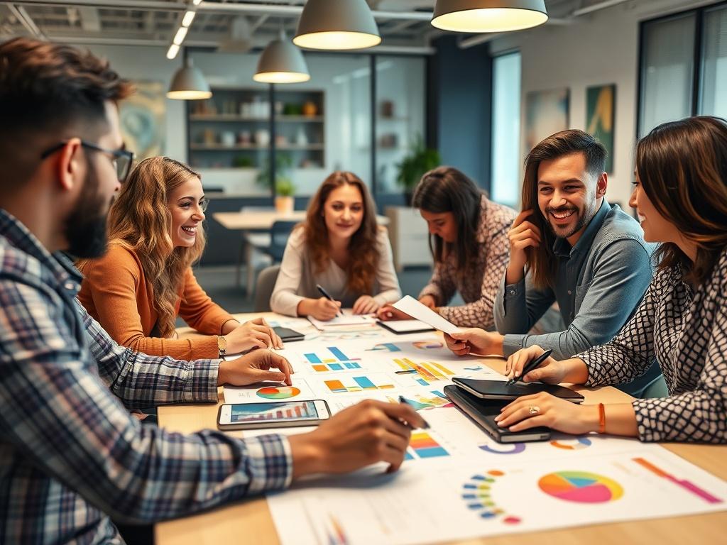 A vibrant marketing strategy meeting in progress, with a diverse