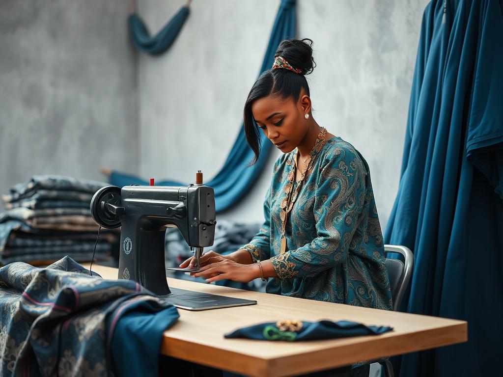 A high-resolution image of a skilled fashion designer working on a sewing machine, surrounded by vibrant fabrics of male brocade and female abayas. The designer is focused and wearing a creative outfit, showcasing their passion for fashion. The background features a clean, organized workspace with soft gray tones and hints of rich blue fabrics draped artistically. The lighting is soft and inviting, highlighting the textures of the fabrics.
