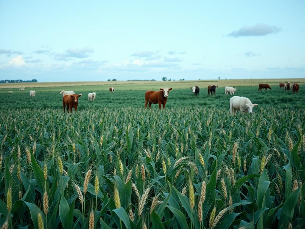 A realistic high-resolution photo of a lush green field filled with diverse agricultural cash crops, such as corn, wheat, and soybeans, in the foreground. In the background, there are healthy livestock such as cows and sheep grazing peacefully under a clear blue sky. The composition should showcase the richness of the agricultural landscape, with soft gray clouds adding depth to the scene. The overall color palette should include cool tones with shades of rich blues and soft grays, harmonizing with the prim