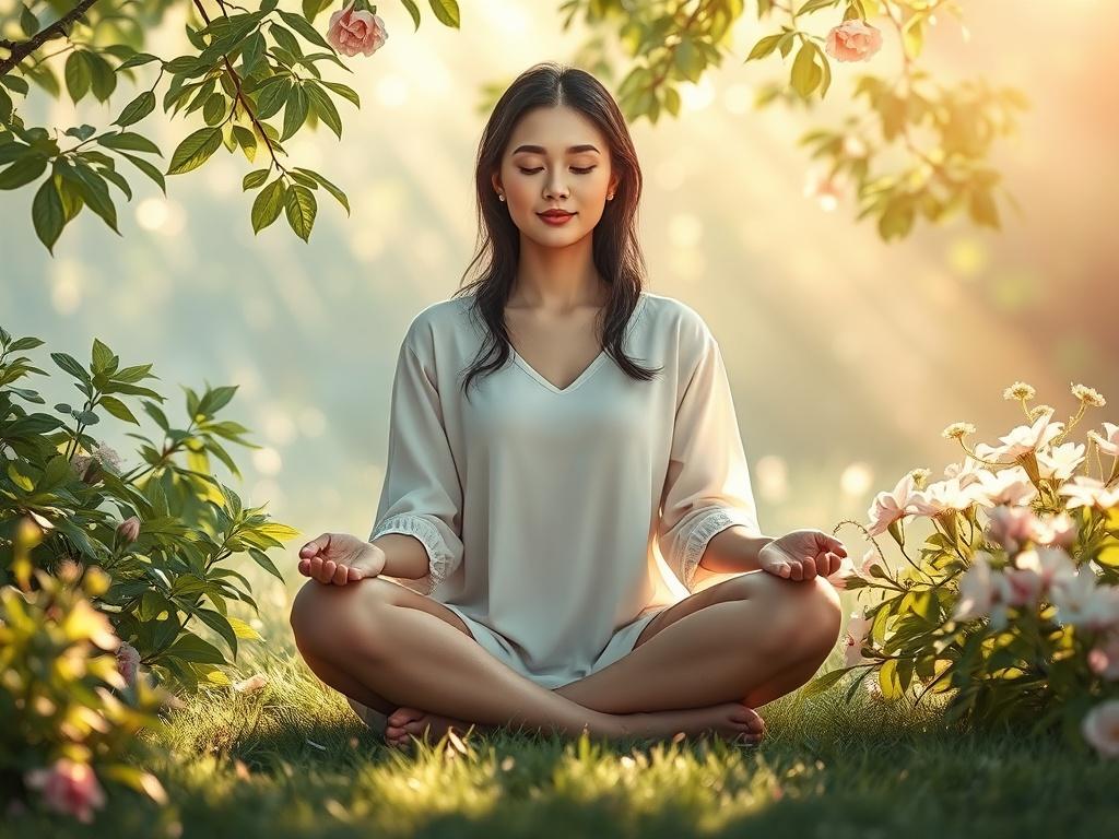 A serene and peaceful scene depicting a woman sitting cross