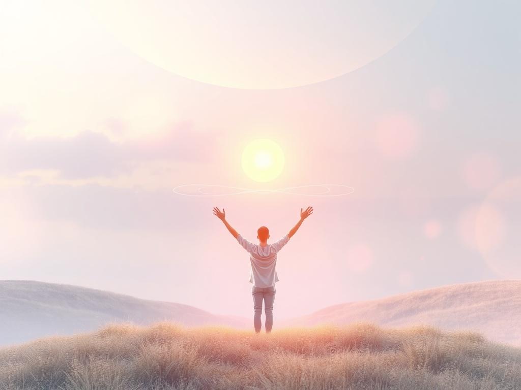 A peaceful landscape featuring a glowing light orb hovering above