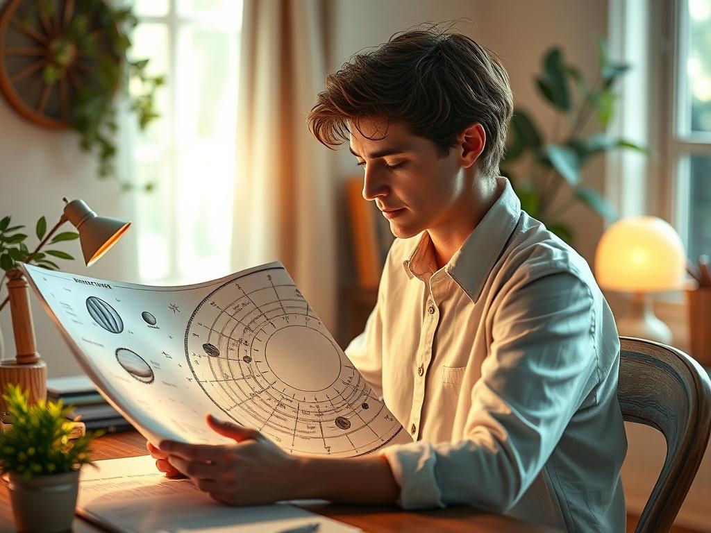 An individual sitting at a desk, studying a detailed astrology