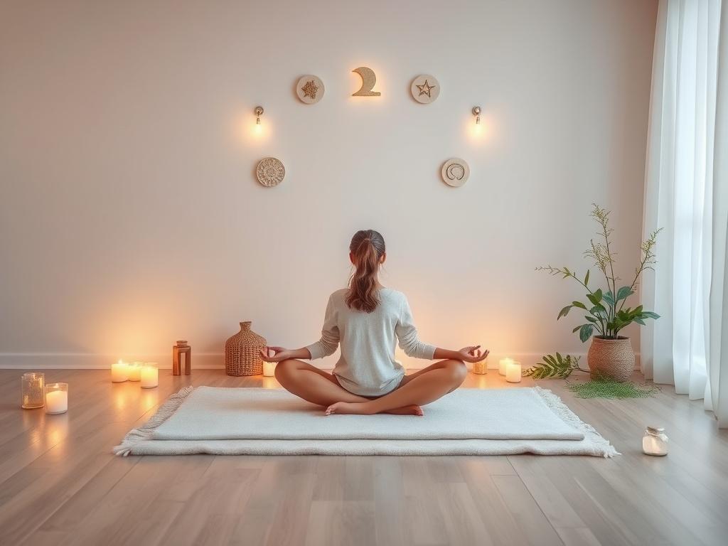 A serene, tranquil setting featuring a woman sitting cross legged