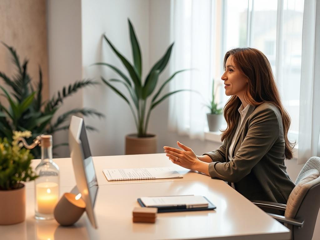 A serene and peaceful setting with a professional woman sitting
