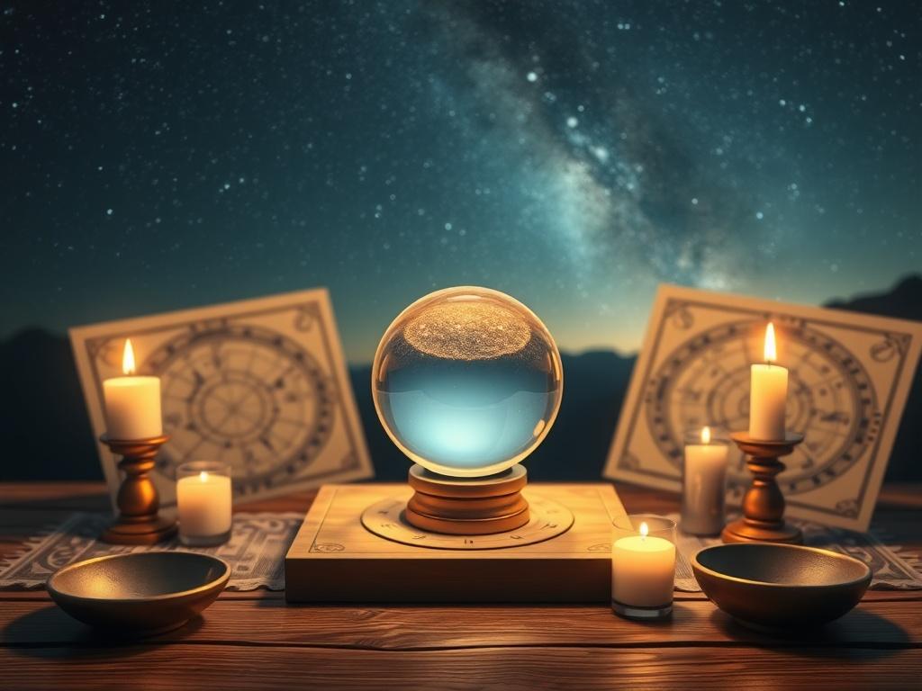 A serene, mystical setting with a crystal ball on a