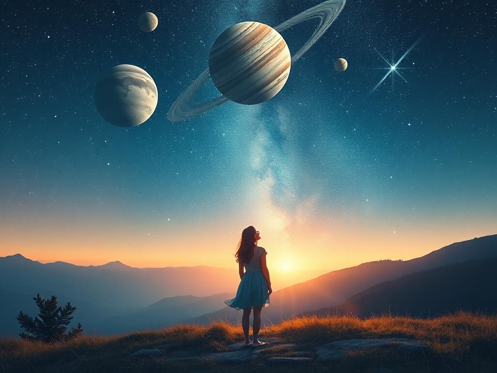 A beautiful landscape depicting a woman standing under a starry