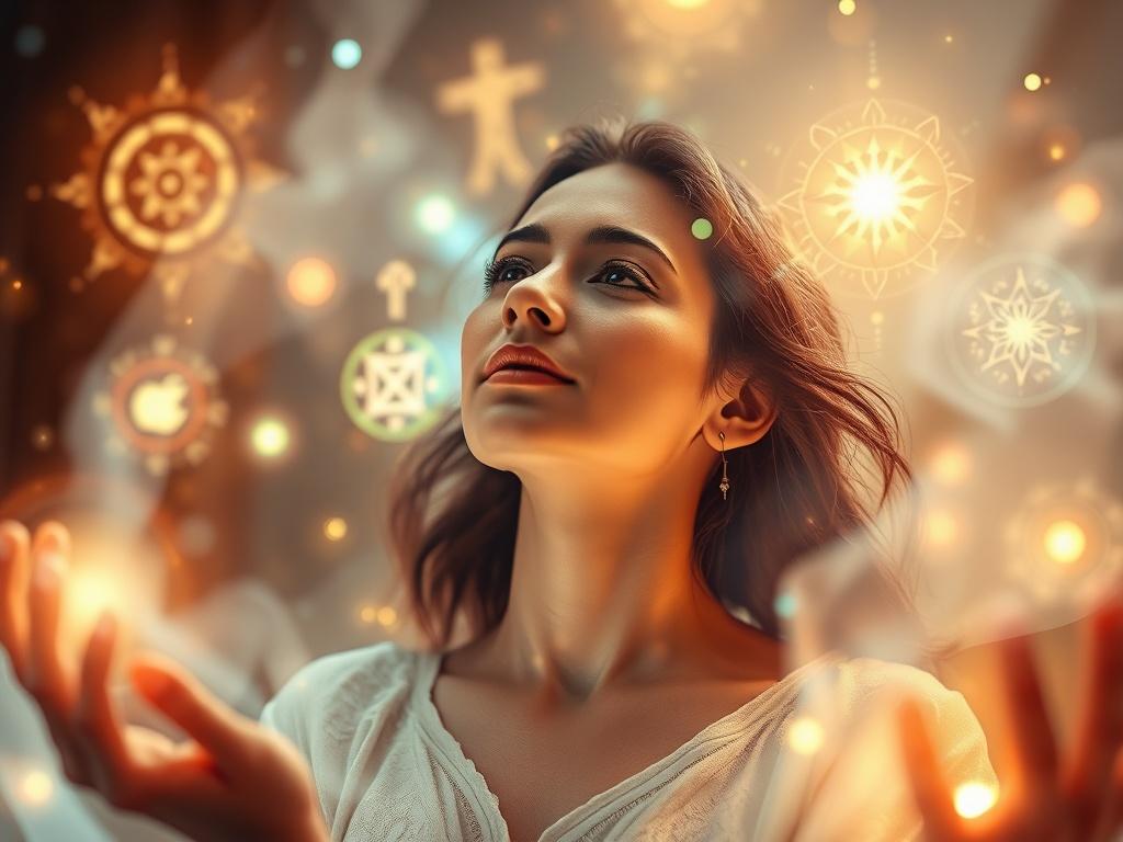 A mystical scene featuring a woman surrounded by glowing symbols