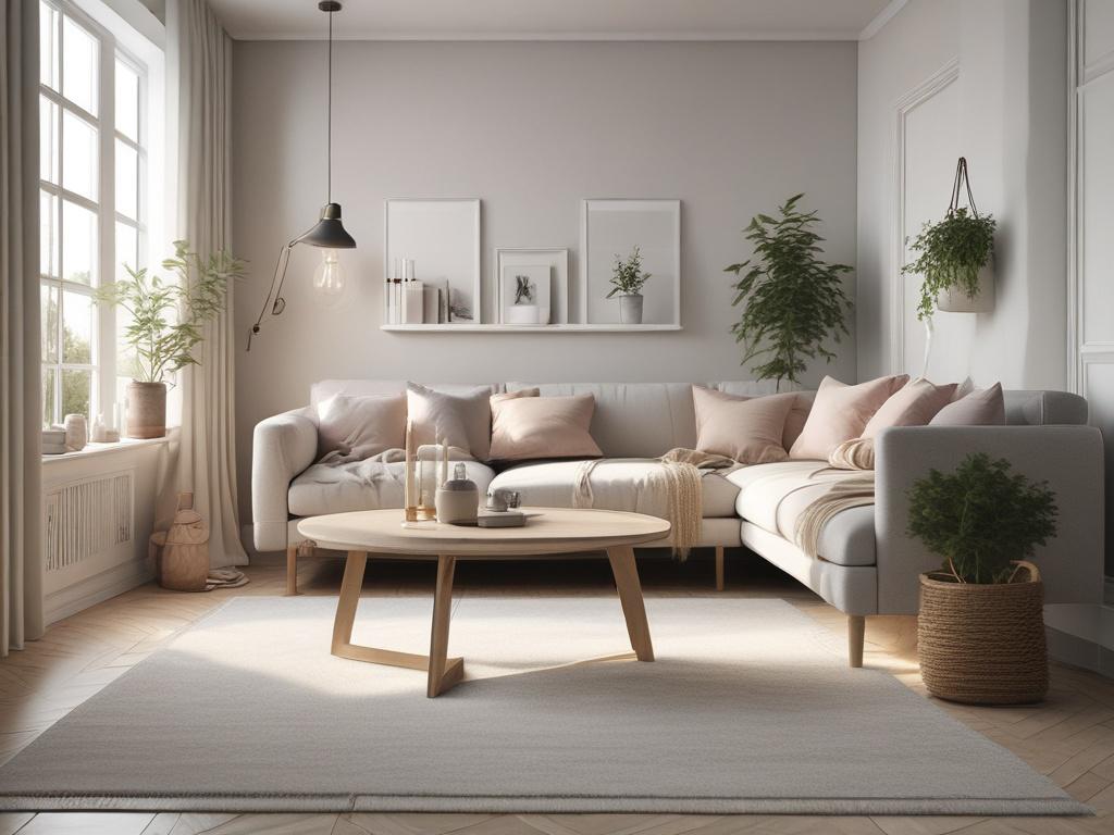 a cozy, minimalist living space with Scandinavian design elements, soft