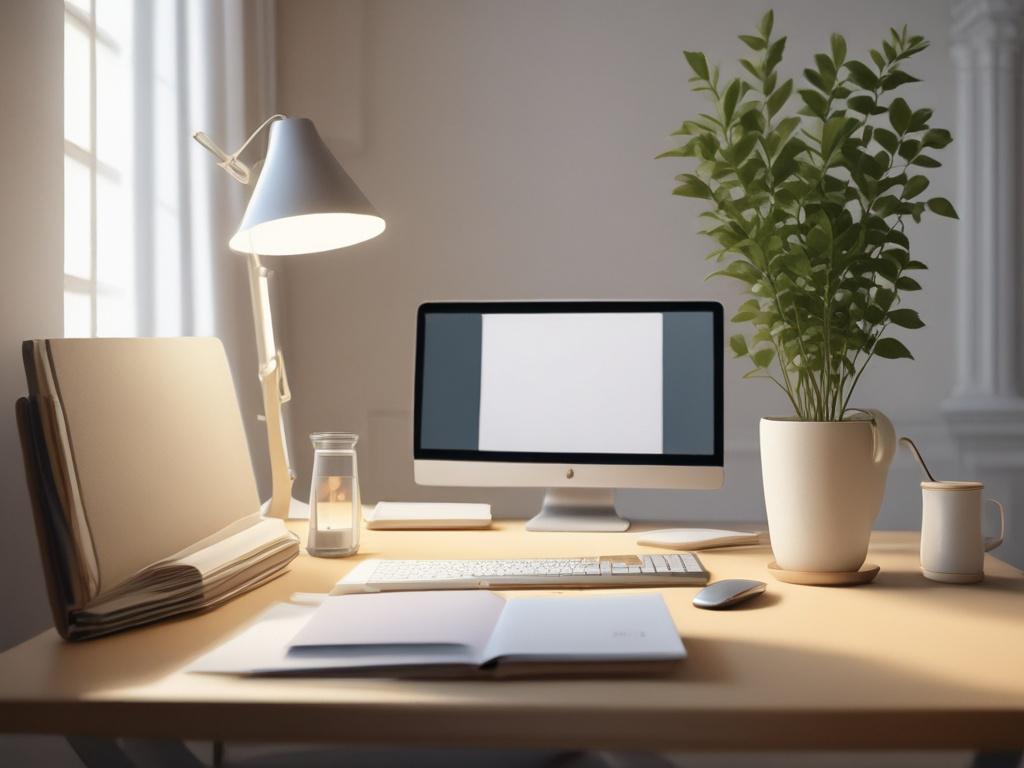 a serene, minimalist workspace with a single desk and chair,