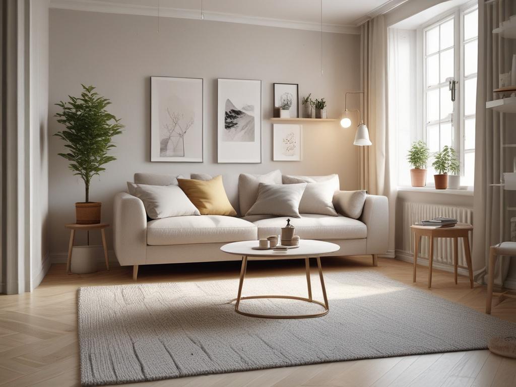 a small, stylish apartment interior with clever storage solutions, Scandinavian