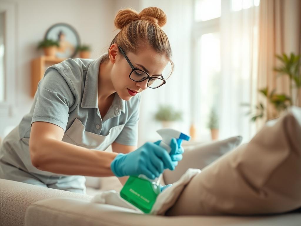 A realistic high-resolution close-up shot of a professional cleaner in action, using eco-friendly cleaning supplies to clean a bright, cozy living room. The cleaner is focused on a fabric couch, demonstrating attention to detail. The background features soft lighting and minimalistic decor, emphasizing cleanliness and a fresh atmosphere. The color palette includes warm tones that complement the primary color rgb(243, 210, 80). The photo should evoke a sense of professionalism and care.