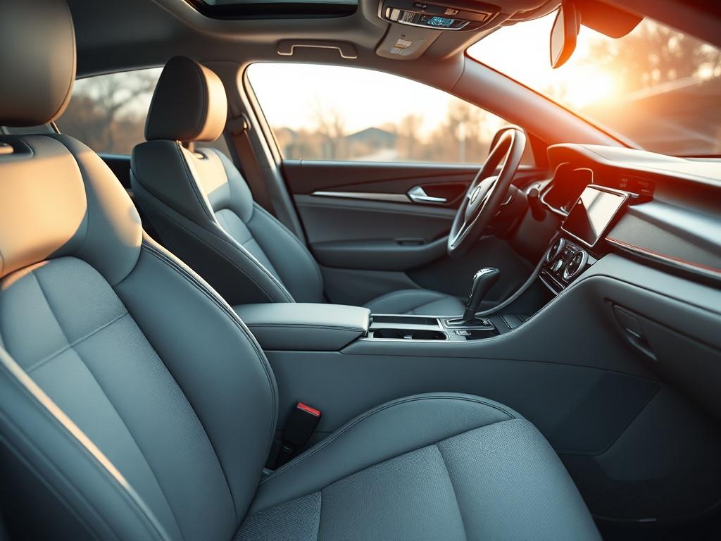 A high-resolution close-up image of a clean car interior, focusing on the seats and dashboard. The seats should be plush and spotless, highlighting the fabric texture, with gleaming surfaces that reflect light. The background should be softly blurred to emphasize the cleanliness of the interior, with a touch of natural light coming from a window to create a fresh and inviting atmosphere.