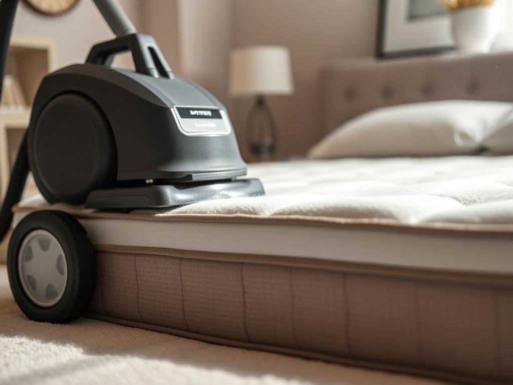 A close-up view of a mattress being cleaned with a specialized machine, emphasizing the removal of dust and allergens. The setting is a serene bedroom, with soft lighting, promoting a calm and healthy sleeping space.