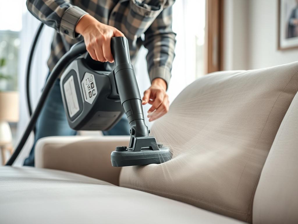A close-up shot of a professional cleaner using a steam cleaner on a couch, showcasing the extraction of dirt and stains. The background is a modern, bright living room with natural light illuminating the fresh, clean upholstery, highlighting the transformation.