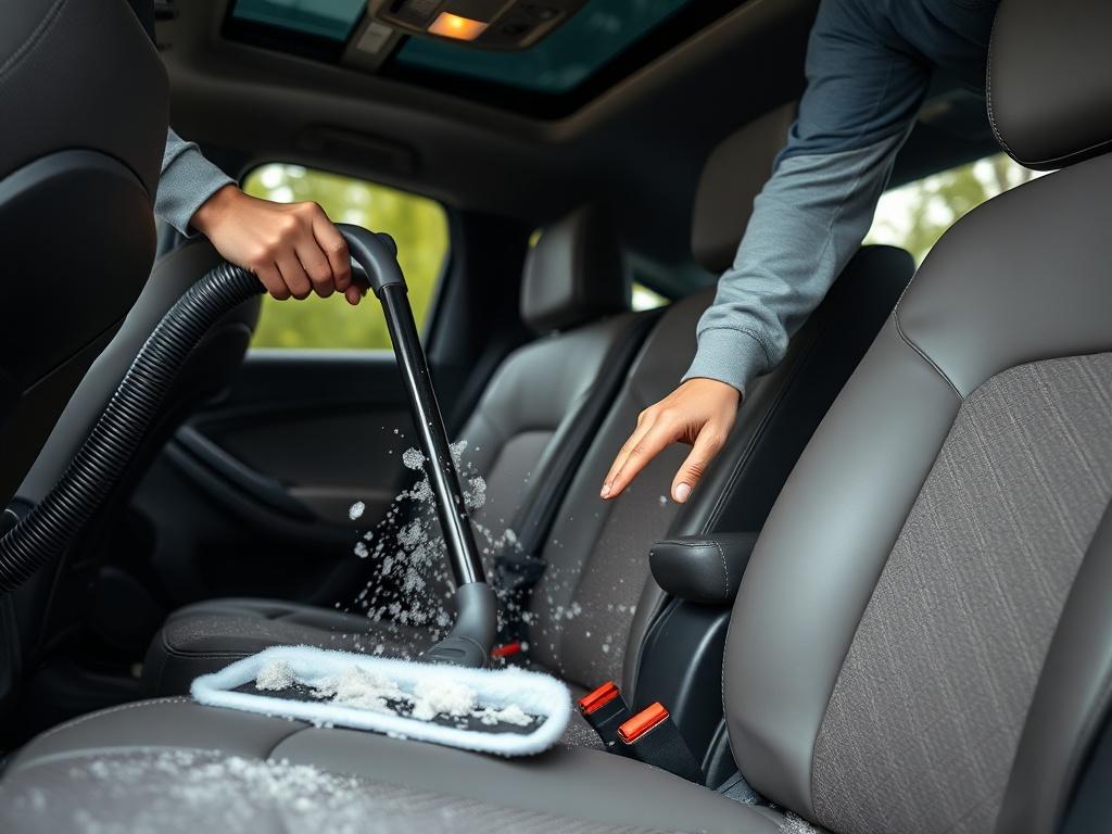 A detailed shot of a professional cleaner vacuuming and shampooing a car interior, highlighting the cleanliness of the seats and floors. The background shows a well-maintained car interior, illustrating a fresh and inviting atmosphere.