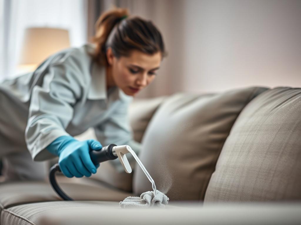 A close-up shot of a professional cleaner meticulously cleaning a couch with a high-quality upholstery cleaner. The cleaner is focused and detail-oriented, showcasing their dedication to achieving a spotless finish. The background is softly blurred, emphasizing the cleaner and the couch, which looks refreshed and vibrant. The overall color palette harmonizes with the primary color #136A5C, creating a calming and professional atmosphere.