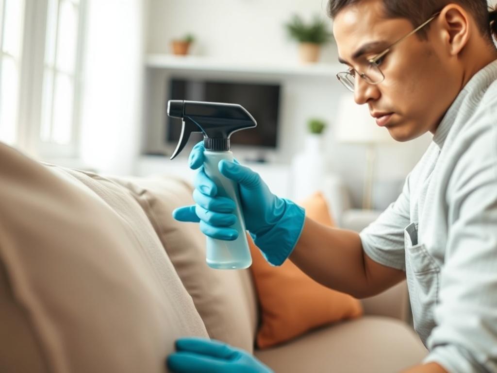 A close-up shot of a professional cleaner in action, meticulously cleaning a couch with a high-quality fabric cleaner. The cleaner, wearing gloves and a focused expression, should be positioned to the right of the frame, showcasing the intricate details of the cleaning process. The background should be softly blurred, featuring a bright and fresh living room setting that conveys a sense of cleanliness and comfort. The color palette should incorporate the primary color #136A5C, creating a harmonious and invi