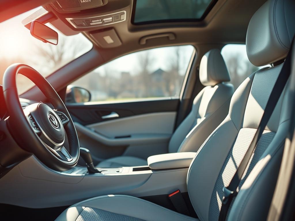 A close-up view of a meticulously cleaned car interior, highlighting the seats and dashboard. The image should capture the freshness and cleanliness of the surfaces, with sunlight streaming in to enhance the vibrant colors. The background is a soft blur to keep the focus on the immaculate interior.