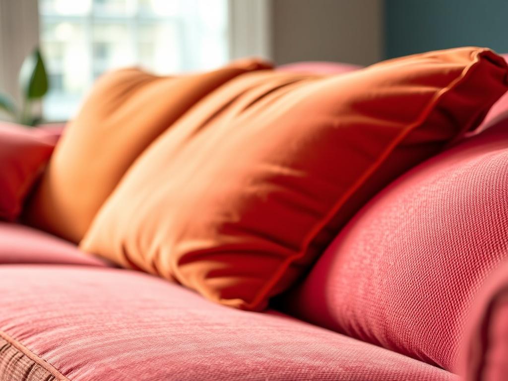 A close-up shot of a freshly cleaned couch with vibrant colors, showing the texture of the fabric. The background is softly blurred to highlight the cleanliness of the upholstery. The lighting is bright and inviting, emphasizing the fresh and rejuvenated appearance of the couch.