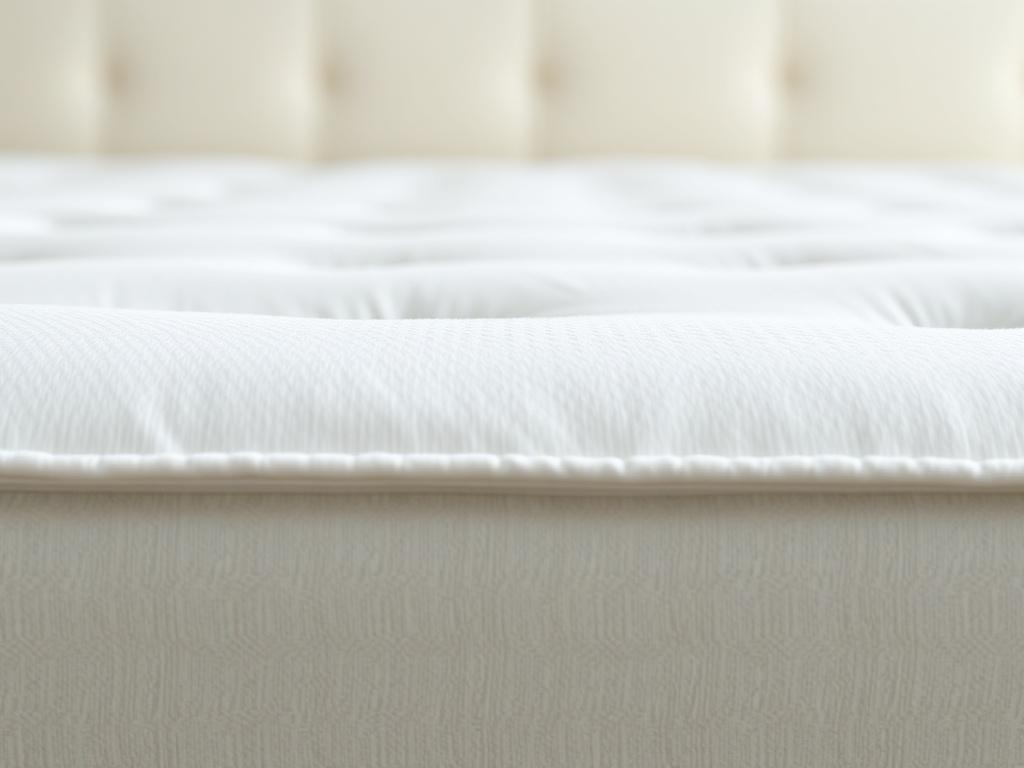 A close-up of a sanitized mattress, showcasing its clean and fresh surface. The focus is on the texture of the fabric, with bright lighting to accentuate the cleanliness. The background is minimal and soft, emphasizing the pristine condition of the mattress.