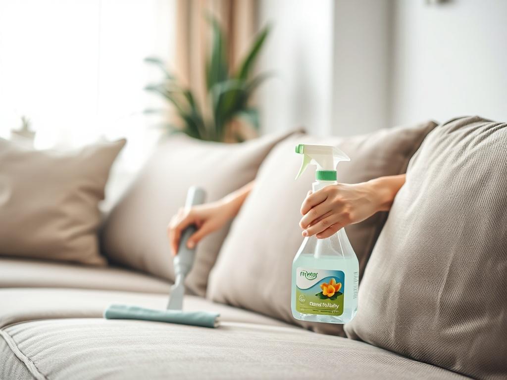 A close-up shot of a professional cleaner using eco-friendly cleaning products on a couch, highlighting the texture of the fabric and the detail of the cleaning process. The background should be softly blurred, emphasizing the cleaner and the product. The image should evoke a sense of freshness and cleanliness, with a bright and inviting atmosphere. The primary color #136A5C should subtly complement the composition.