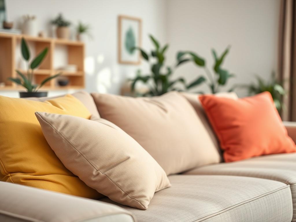 A hyper-realistic close-up shot of a clean and fresh living space, focusing on a beautifully arranged couch with vibrant cushions. The background should feature a well-lit, tidy room with natural elements like plants, emphasizing cleanliness and comfort. The image should be rendered with a 45mm f/1.2 lens style, highlighting the textures of the fabric and the overall freshness of the space.