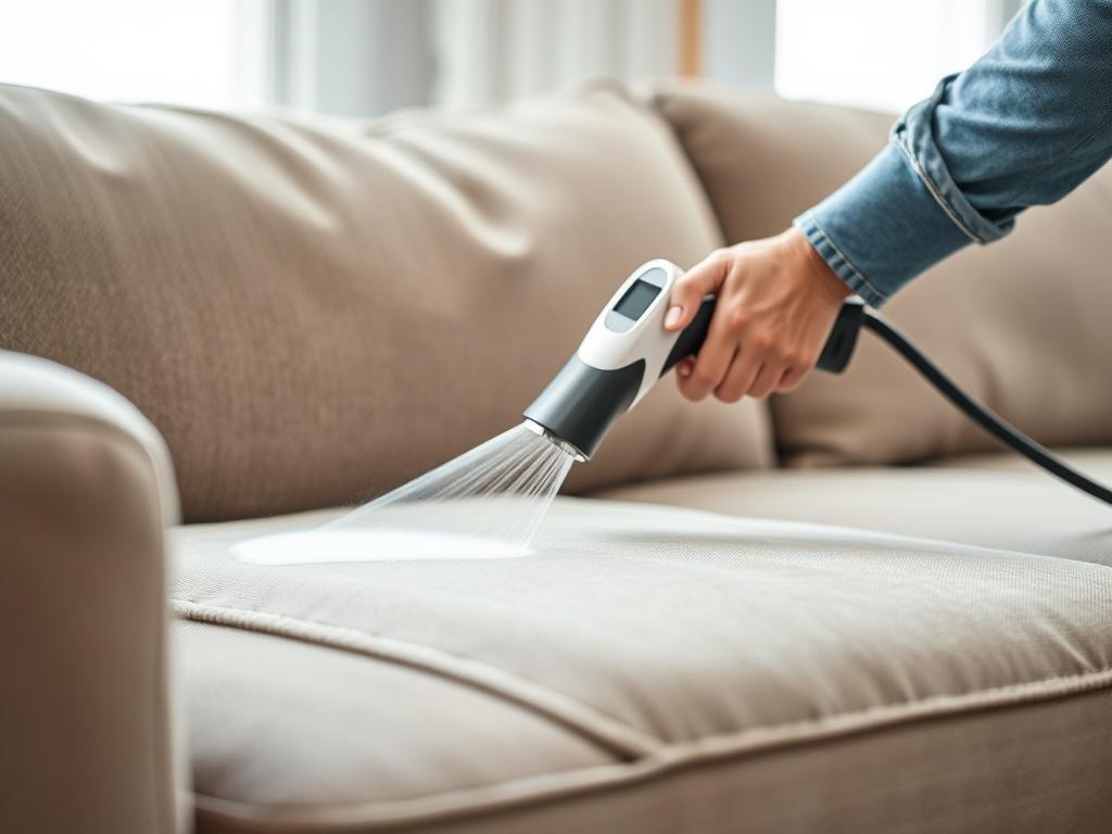 A close-up shot of a professional cleaner using a steam cleaner on a plush couch, focusing on the fabric texture and cleanliness. The background is softly blurred to keep attention on the cleaning process, styled in a hyper-realistic manner.