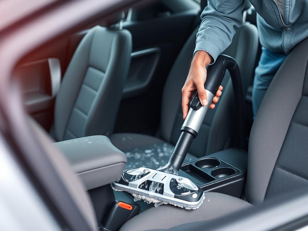 A hyper-realistic close-up of a professional cleaner vacuuming and detailing a car's interior, highlighting the freshness and cleanliness of the seats and floors. The background is softly blurred to accentuate the cleaning process.