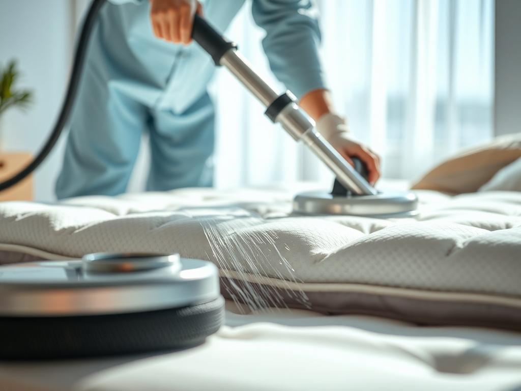 A close-up view of a professional cleaner sanitizing a mattress with a specialized cleaning machine, showcasing the fabric and cleanliness. The setting is bright and airy, emphasizing the freshness of the mattress.