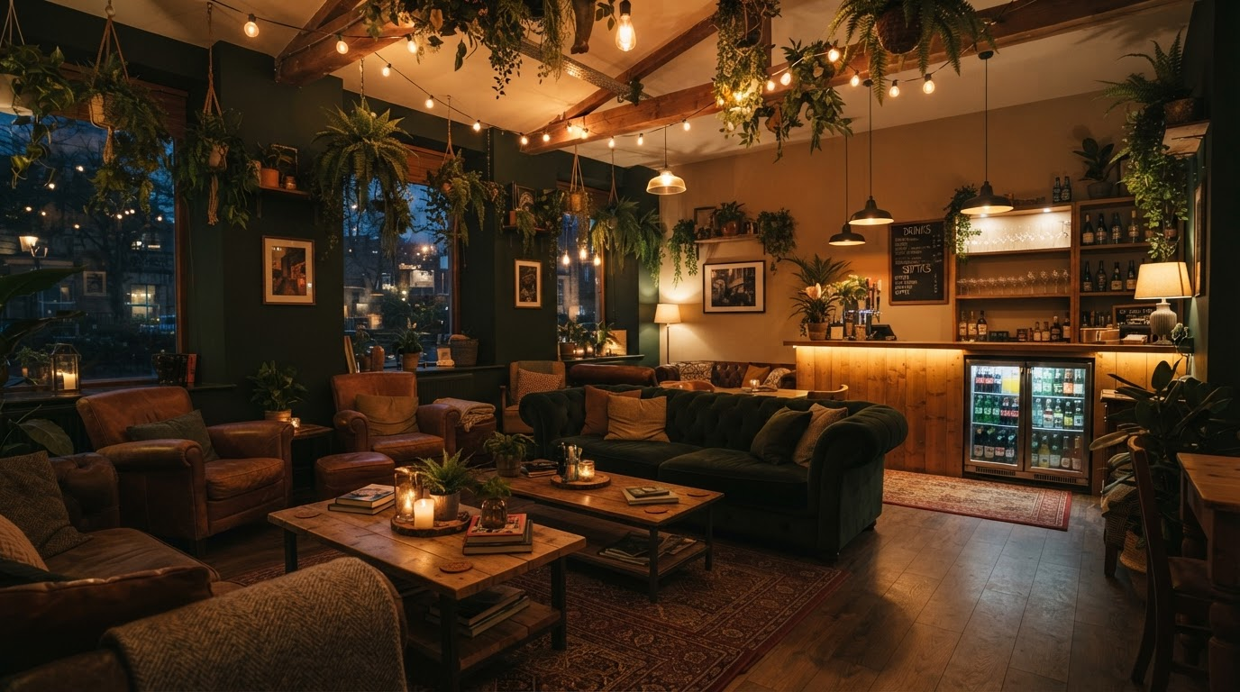 The relaxed interior of canna'joint Social Club with warm lighting and comfortable seating