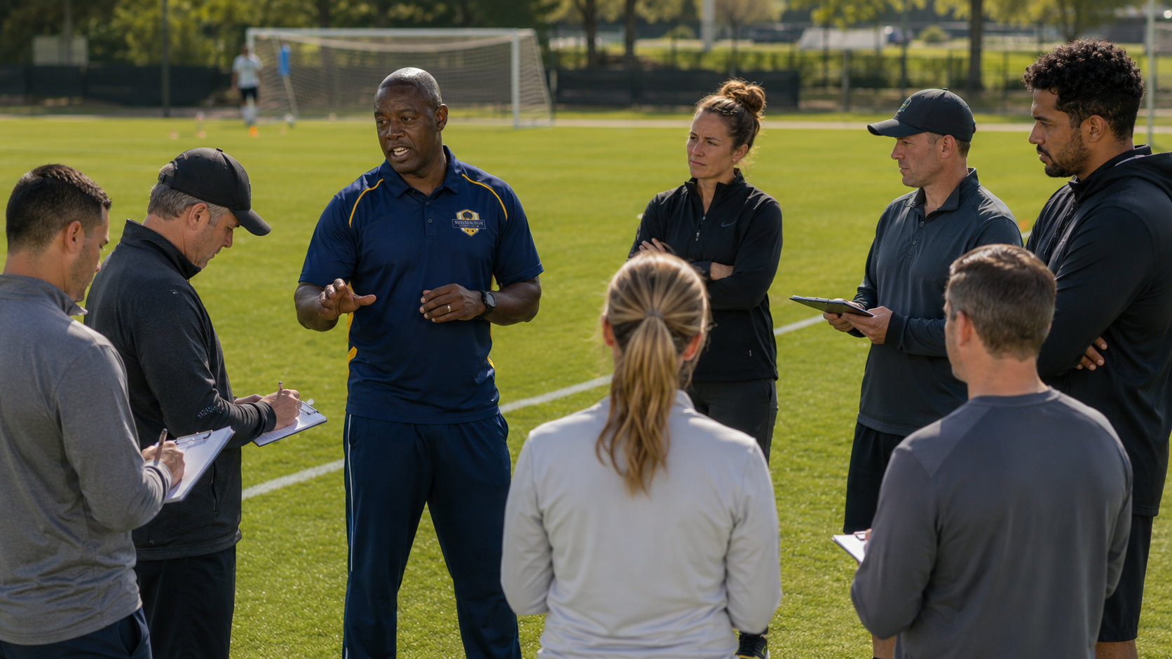 Confident soccer coach during training