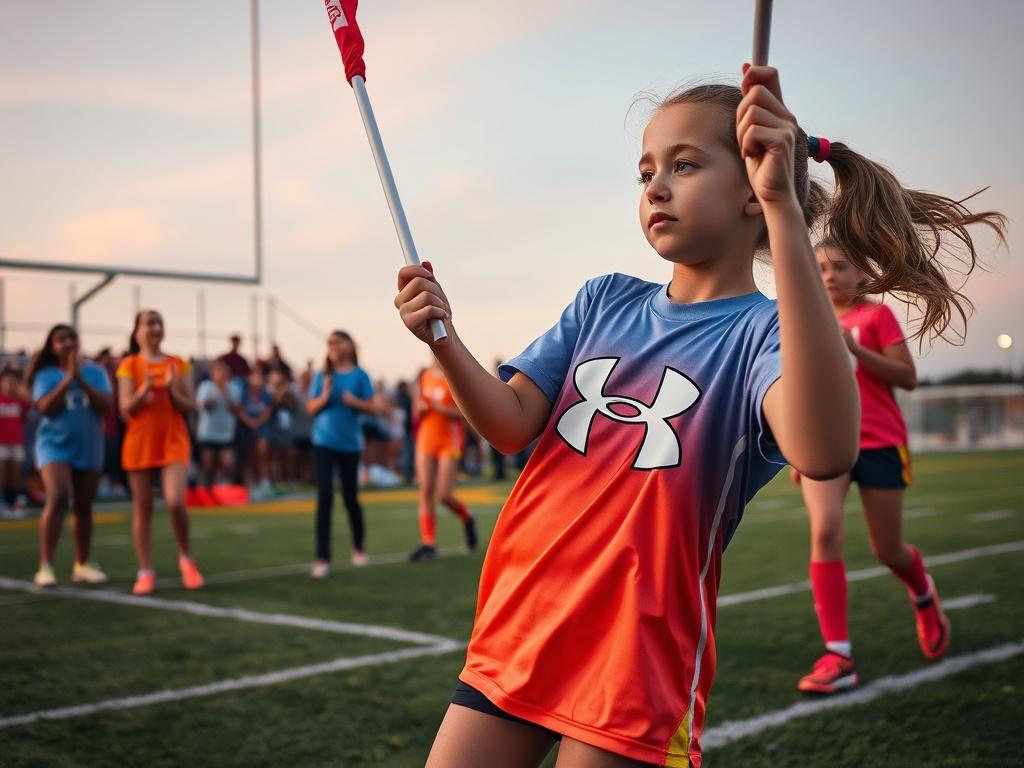 A dynamic scene of young girls playing 5-on-5 flag football on a field at dusk. The focus is on a girl in a vibrant Under Armour jersey, confidently catching a flag while teammates cheer her on in the background. The setting includes goalposts and a cheering crowd in a clear sky, creating an energetic atmosphere. The composition captures the spirit of teamwork and empowerment, with bright colors to reflect the excitement of the game.