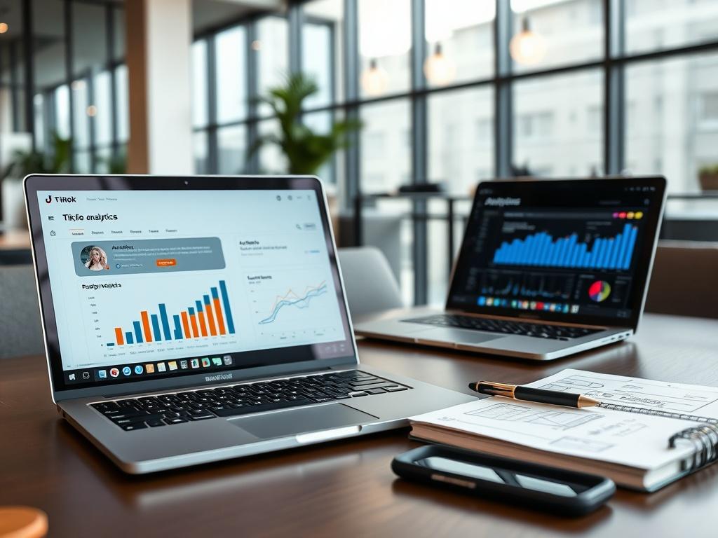 A stylish office setting with two laptops open, displaying TikTok