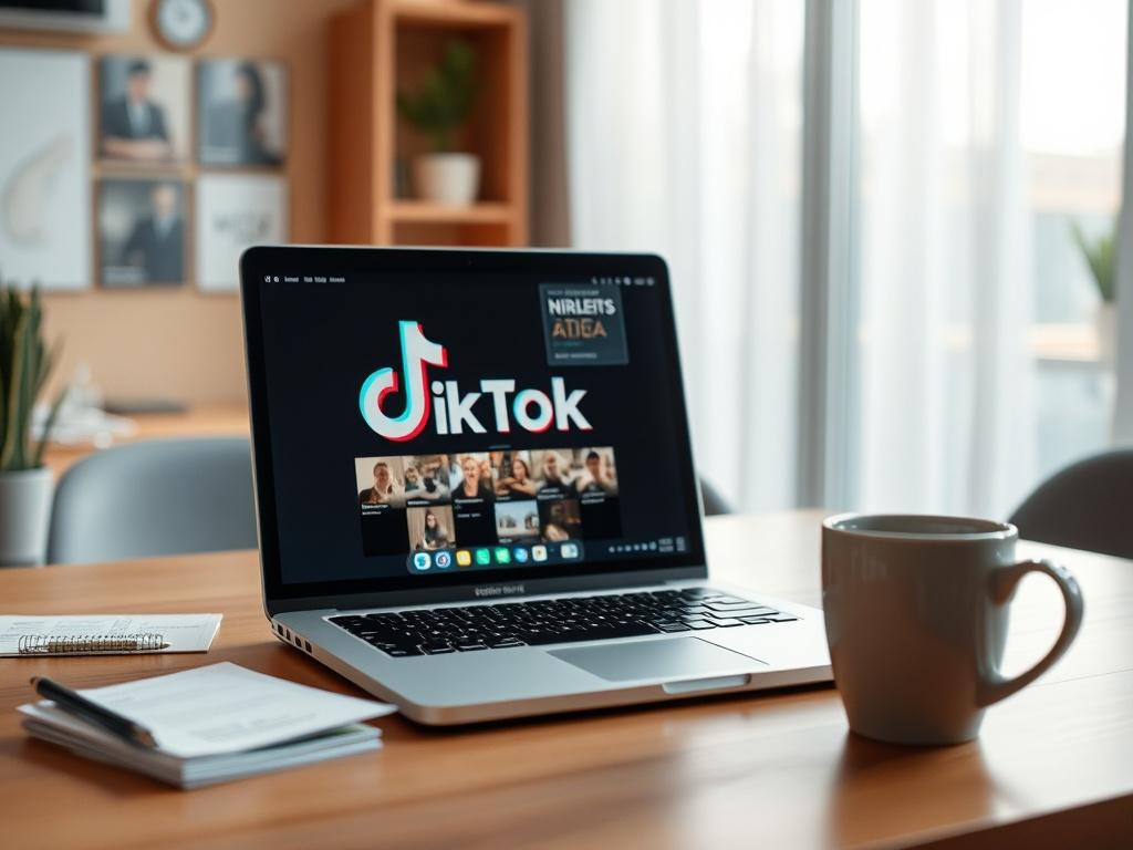 A clean, modern workspace featuring a laptop with TikTok open,