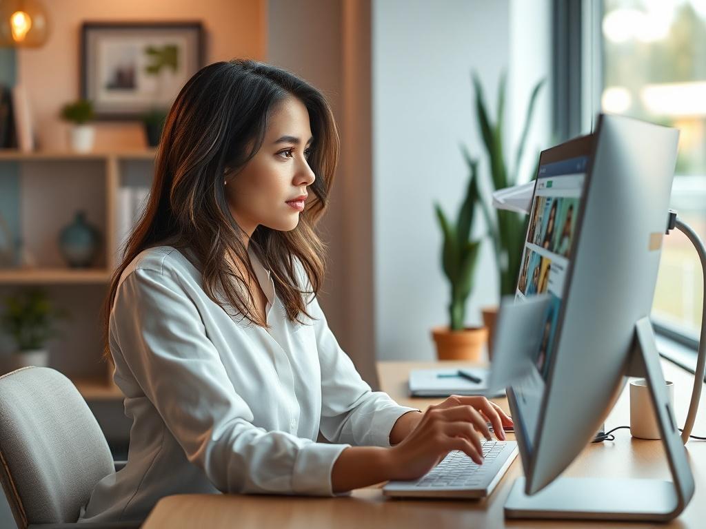 A female realtor sitting at a computer, deeply focused on analyzing homes. She has a thoughtful expression as she reviews listings on the screen, with a modern office background that includes a few potted plants and a well-organized desk. The lighting is warm and inviting, creating a professional yet cozy atmosphere.