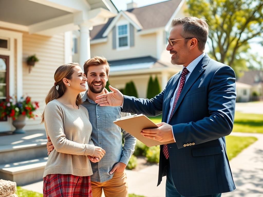 A young married couple viewing homes with a realtor. The couple is smiling and engaged, looking at a beautiful home with a welcoming front porch. The realtor is pointing out features of the house, holding a clipboard, and dressed in professional attire. The scene is outdoors, showcasing a suburban neighborhood with well-kept lawns and trees in the background. The lighting is bright and sunny, creating a warm and inviting atmosphere.