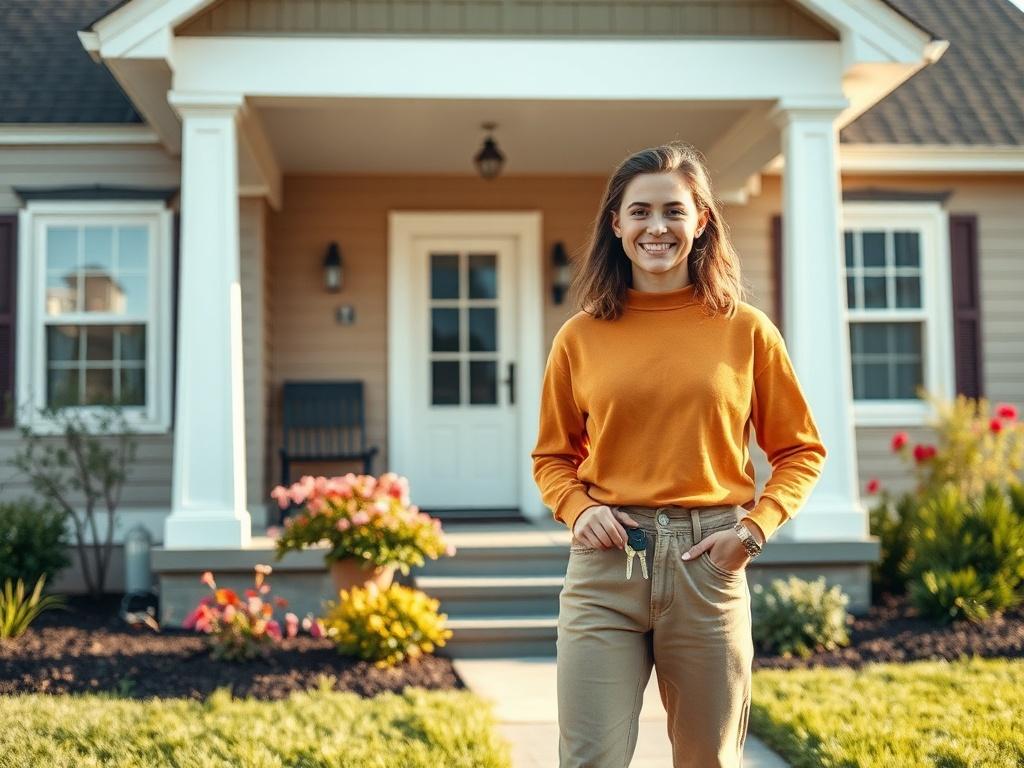 Create a highly realistic, high-resolution photo that captures the essence of a blog titled "Understanding the Home Buying Process." The image should feature a single, focused subject: a smiling first-time home buyer standing confidently in front of their newly purchased home. 

The subject should be a young adult, casually dressed in a warm-colored outfit, radiating excitement and accomplishment. Their body language should express happiness, with one hand holding a set of house keys, while the other rests 