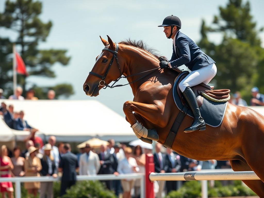 Create a realistic high-resolution photo that embodies the essence of the blog titled "Sponsorship at the Hampton Classic Isn’t Just Glamour—It’s Strategy." The image should feature a single, prominent horse and rider in mid-jump during a show at the Hampton Classic, symbolizing elite performance. Capture the energy and focus of the horse in full-leap with muscles tensed, showcasing both power and grace.

The rider should be dressed in sleek, modern riding attire, reflecting the blend of style and strategy 