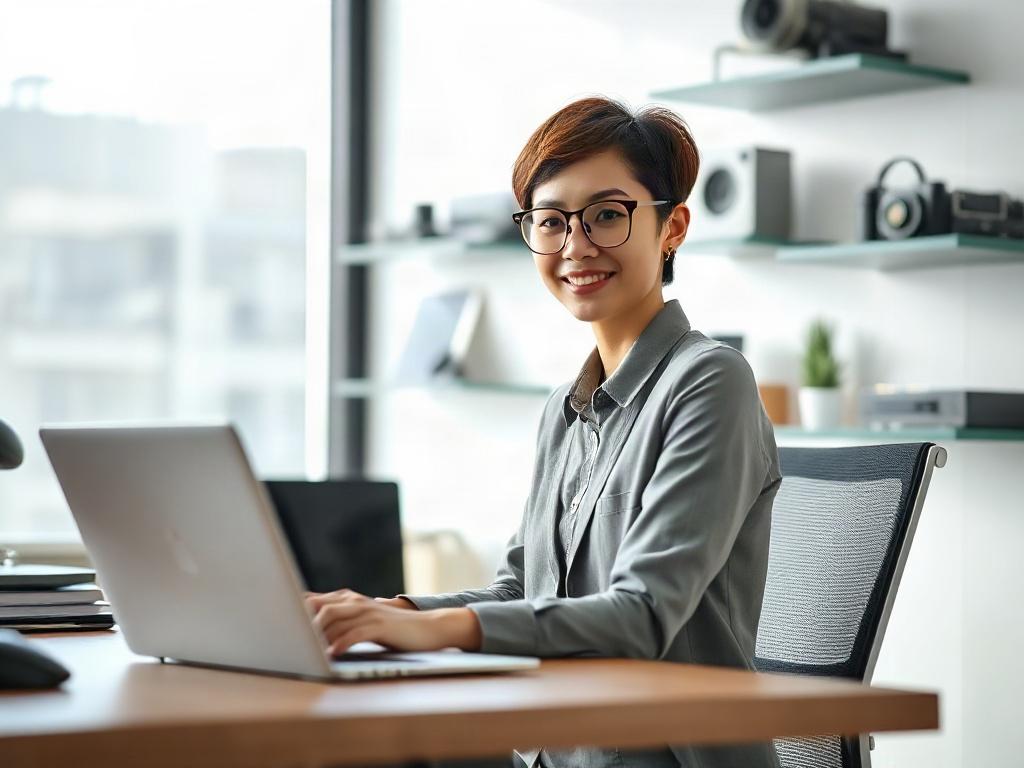 Create a realistic high-resolution photograph featuring a modern tech professional in a sleek, minimalist office environment. The subject is a confident young woman with short hair, dressed in casual business attire, sitting at a beautifully designed desk with a laptop open in front of her. 

She’s engaged in a video call, demonstrating flexibility in her work setup, with various digital devices neatly arranged around her, symbolizing accessibility and support. The background should showcase a wall with hig
