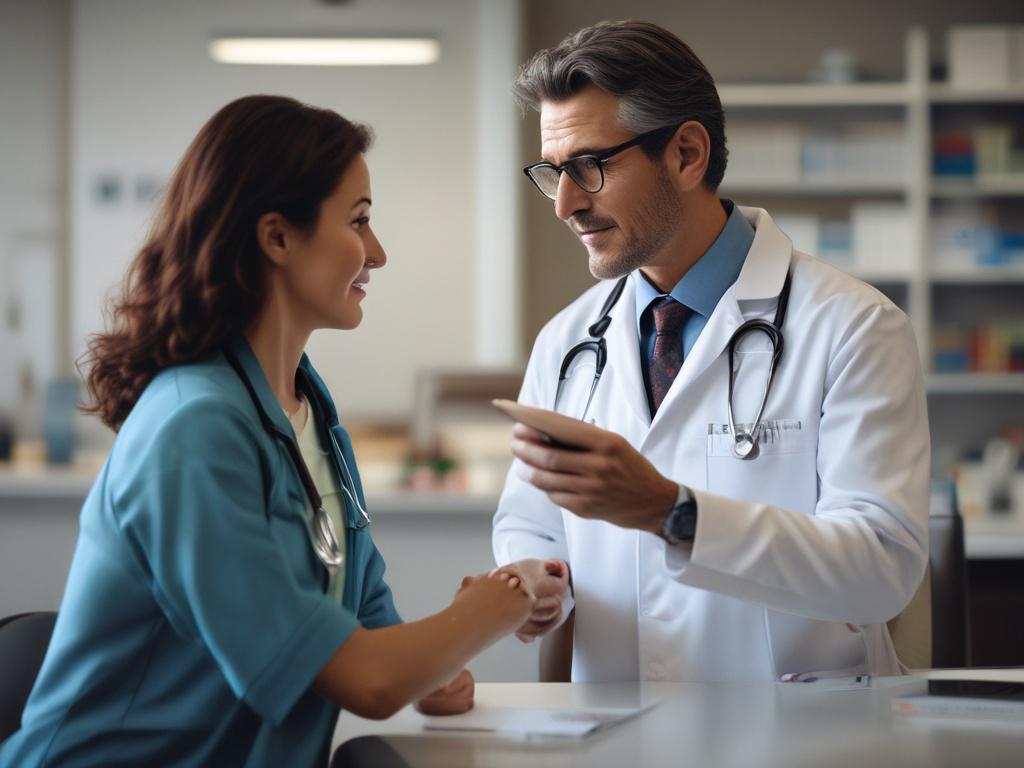 Create a realistic high-resolution image featuring a single subject: a doctor interacting with advanced wearable technology. The doctor, a middle-aged woman with brown hair tied back, is wearing a lab coat and examining a smartwatch displaying vital health data. The watch screen should visibly show heart rate, blood oxygen levels, and a graph showcasing real-time health monitoring. 

The background should be a modern hospital or clinic environment, featuring muted colors and sleek medical equipment. Soft, a